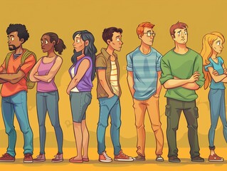 Fototapeta premium Diverse Group of Young Adults Standing in Line - Colorful Cartoon Illustration
