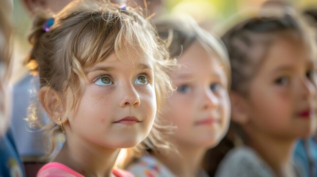 A young girl looks up with a thoughtful expression in a classroom, surrounded by other children. Her attentive gaze reflects curiosity and eagerness to learn.