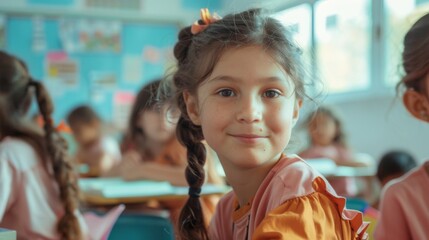 A young girl with braided hair smiles warmly in a lively classroom, radiating happiness, friendliness, and a love for learning in a well-lit environment.