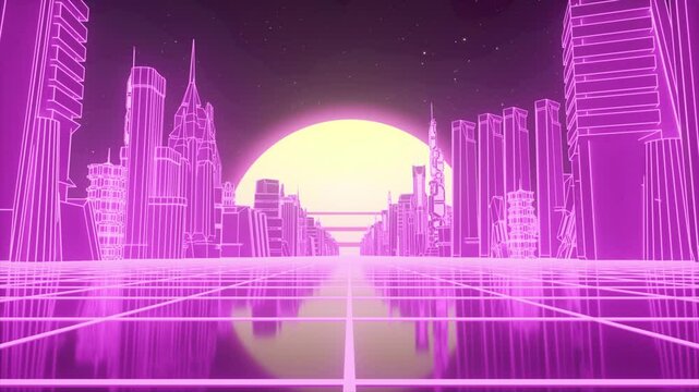 Retro futuristic 80s style with neon city backgrounds. Seamless loop of cyberpunk cityscape with a moving grid floor. VJ synthwave looping 3D animation for music video