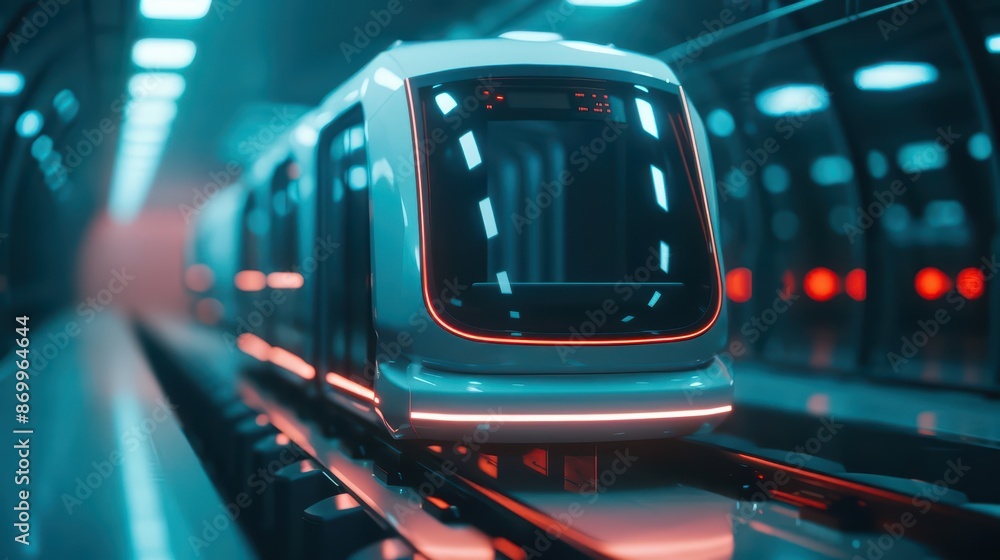 Wall mural A futuristic public transport system featuring autonomous electric pods that communicate to optimize routes and reduce congestion, with copy space high tech