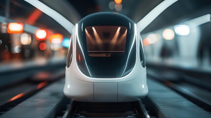 Obraz premium A futuristic public transport system featuring autonomous electric pods that communicate to optimize routes and reduce congestion, with copy space high tech