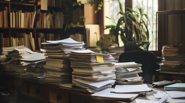 Business office table or desk full of pile or stack of many papers, paperwork documents, bureaucracy