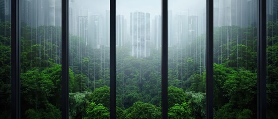 Naklejka premium AIdriven holographic windows in the forest project stunning city views that shift and change with the time of day