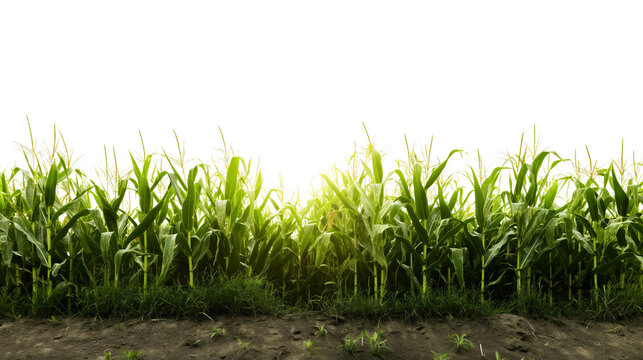 Green corn or cob plant leaves field isolated on transparent background. Agriculture farming and crop growth, organic summer plantation harvest, fresh rural maize, countryside cultivation