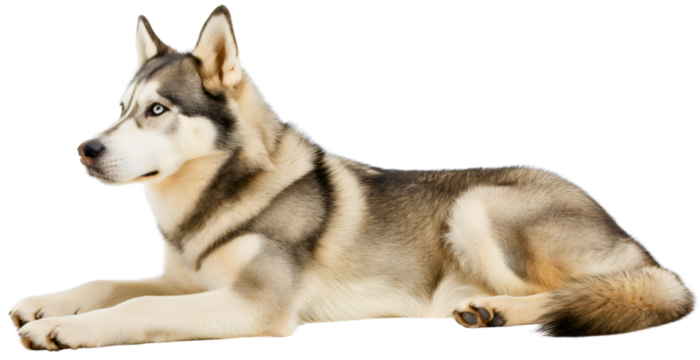 Full body length side view portrait of gray black and white Siberian husky dog wolf breed lying on the floor, pet animal isolated on transparent background. 