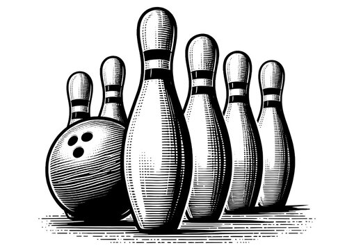recommend clip art: bowling pins with a single bowling ball, ideal for leisure and sport-themed designs sketch engraving generative ai PNG illustration. Scratch board imitation. Black and white image.