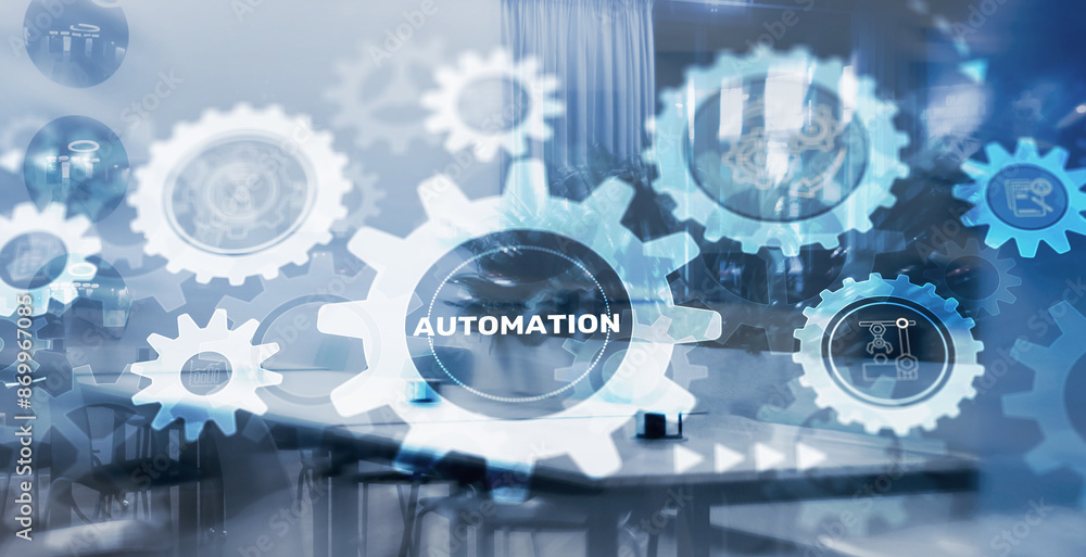 Poster automation 3d icon. business industrial process workflow optimisation