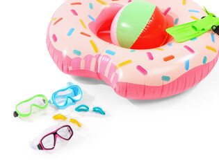New swimming masks, goggles, flippers, ball and inflatable ring on white background