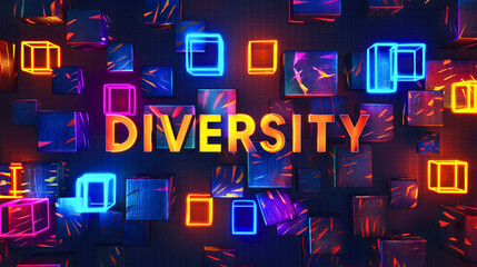 Abstract colorful neon glowing background with text diversity. Diverse human community banner illustration, social friendship and solidarity concept, different, poster, wallpaper