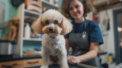 cute dog being groomed at pet salon, with a smiling groomer. The care and attention given to pets during grooming sessions, the bond between groomers and their furry clients