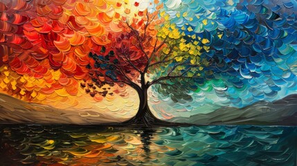 The painting shows a colorful tree reflected in water, capturing the changing seasons in an abstract artistic way