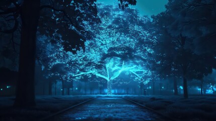 Obraz premium Bioluminescent trees in city parks light up to reveal holographic cityscapes