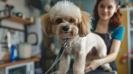 cute dog being groomed at pet salon, with a smiling groomer. The care and attention given to pets during grooming sessions, the bond between groomers and their furry clients