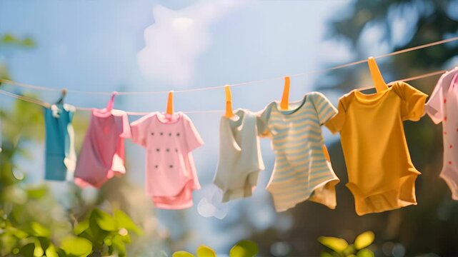 A photo of baby clothes hanging on a line, clean and bright, suggesting gentle washing,generative ai
