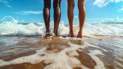 Rear back view of two women, female legs and barefoot feet standing on sand beach, sea or ocean water waves with foam splashing, African American and Caucasian, multiethnic multiracial diverse friends