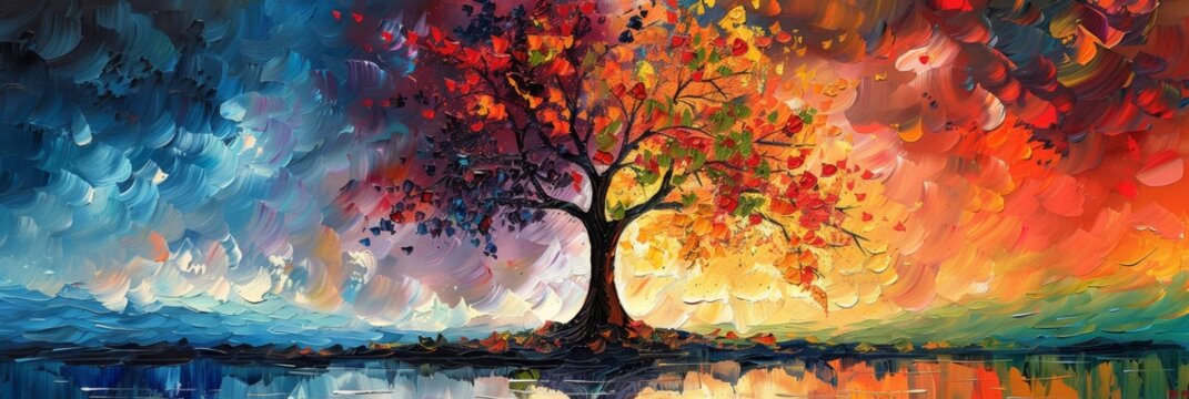 The abstract painting shows a tree with colorful leaves under a dramatic sunset sky, conveying beauty and harmony