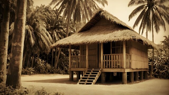 A vintage nipa hut in a sepia background