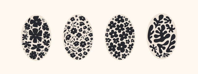 Abstract groovy floral posters. Modern trendy Matisse minimal style. Hand drawn oval shape design for wallpaper, wall decor, print, postcard, cover, template, banner. Black and beige colors