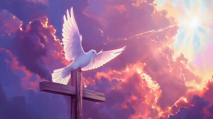 White dove bird symbolizing Holy Spirit flying near wooden cross in the heaven sky clouds with sunlight. Jesus Christ, God worship in faith, spiritual peace, Church baptism service, salvation