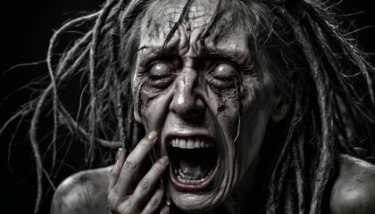portrait of a zombie, woman screaming