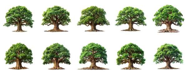 A collection of fairytale trees on a transparent background.