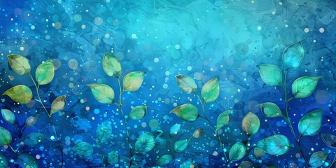 Vibrant blue background featuring abstract leaves and bubbles