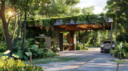 Obraz premium A modern, covered entrance with a green canopy and lush landscaping.