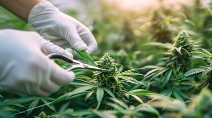 Close-Up of Hands in Protective Gloves Trimming Cannabis Buds for Precision Cultivation and High-Quality Yield in Advanced Agricultural Research, Generative AI