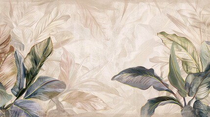 Tropical leaves on a light beige background with textural backgrounds, photo wallpaper mural in the interior