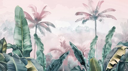 Tropical trees wallpaper, banana leaf, landscape, pastel tones, wall mural design art