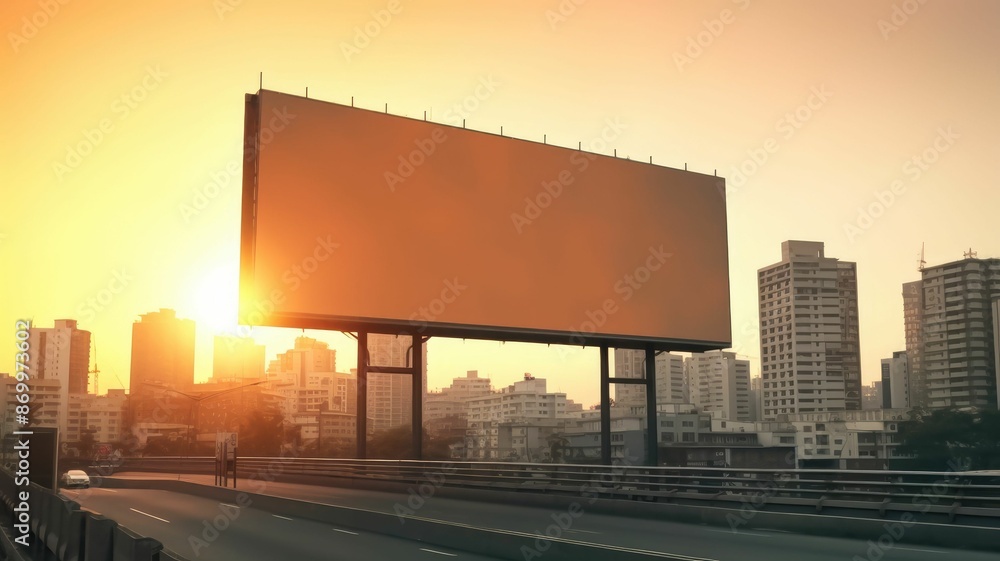 Aufkleber empty billboard with a red background at sunset. red billboard mockup surrounded with urban cityscap