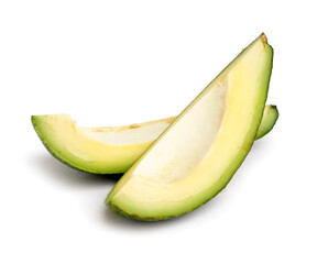 Pieces of fresh ripe avocado on white background
