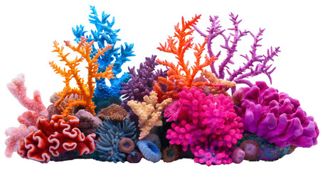 Tropical colorful underwater sea or ocean coral reef algae plant isolated on transparent background. Marine aquarium biodiversity, aquatic wildlife nature ecosystem