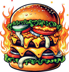 Mouth-Watering Burger with Cheese and Fresh Toppings Clipart for Food Lovers