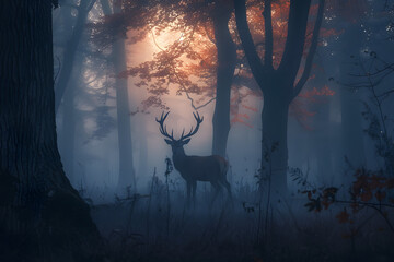 A misty forest scene at dawn, with a solitary deer standing among the trees, the soft morning light filtering through the fog, highlighting the natural beauty and tranquility of the wilderness