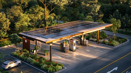 Obraz premium A modern, solar-powered electric vehicle charging station with a white car parked under the canopy. The station is surrounded by lush greenery, indicating a commitment to sustainability.