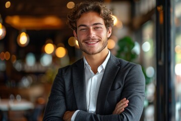 Smiling Man In Blue Suit At Restaurant