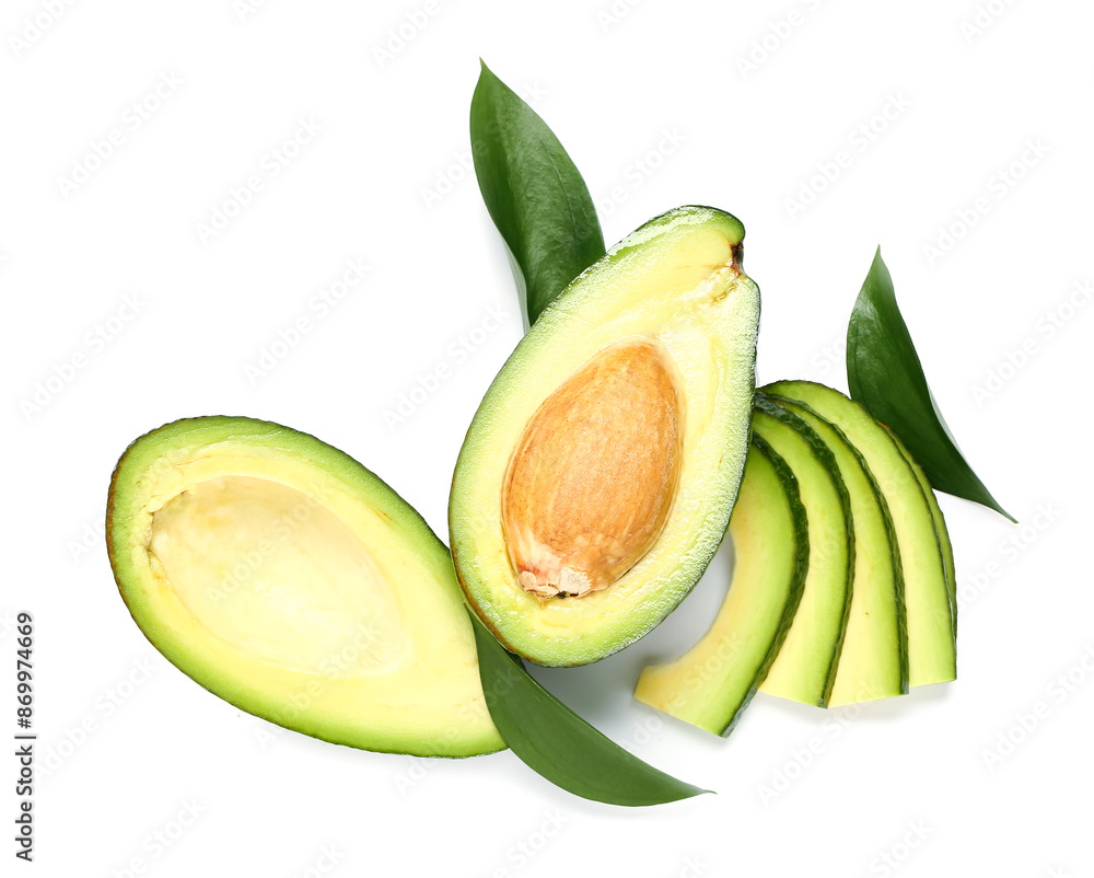 Sticker Cut fresh avocados and leaves on white background