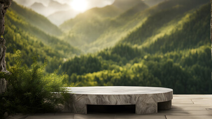 Obraz premium A stone pedestal sits in front of a lush green mountain range