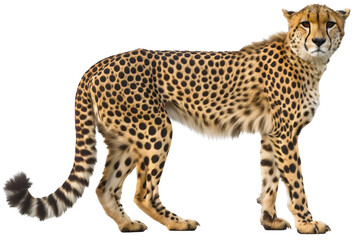 Side view portrait of full body length cheetah isolated on transparent background. Safari Africa wildlife wilderness nature wild cat predator animal with black spots, spotted exotic hunter, fast,speed