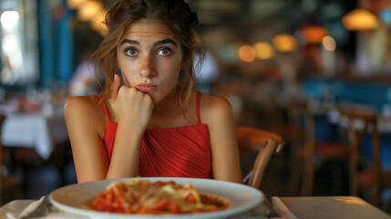 Young woman sitting at restaurant table, plate of meal in front of her, bad food taste problem, unhappy displeased customer, upset and frustrated client, negative disgust face expression, copy space