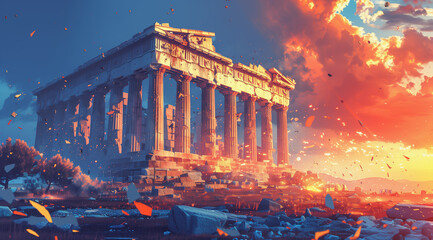 Obraz premium Cartoon vector illustration of an ancient Greek temple with vibrant colors and intricate details