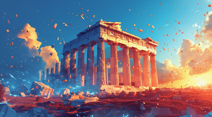 Colorful cartoon vector illustration of an ancient Greek temple with detailed architecture