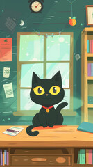 A cartoon cat is sitting on a desk in front of a window