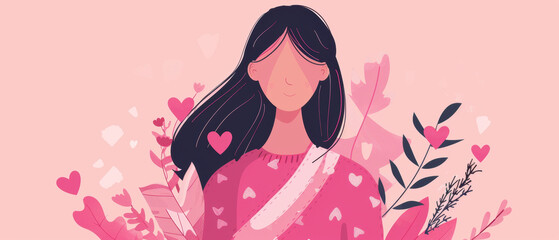 Fototapeta premium A woman with long hair and a pink shirt is surrounded by flowers and hearts