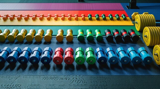 Colorful Dumbbells and Weights on Gym Floor. Concept of Fitness Equipment, Exercise, Strength Training, Gym Workout