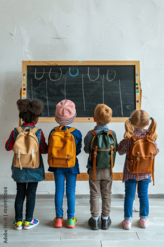 Poster group of children with backpacks standing in front of a chalkboard in a classroom