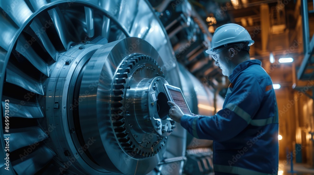 Poster skilled engineer checking iron machine in factory while using laptop to repair machine. industrial w