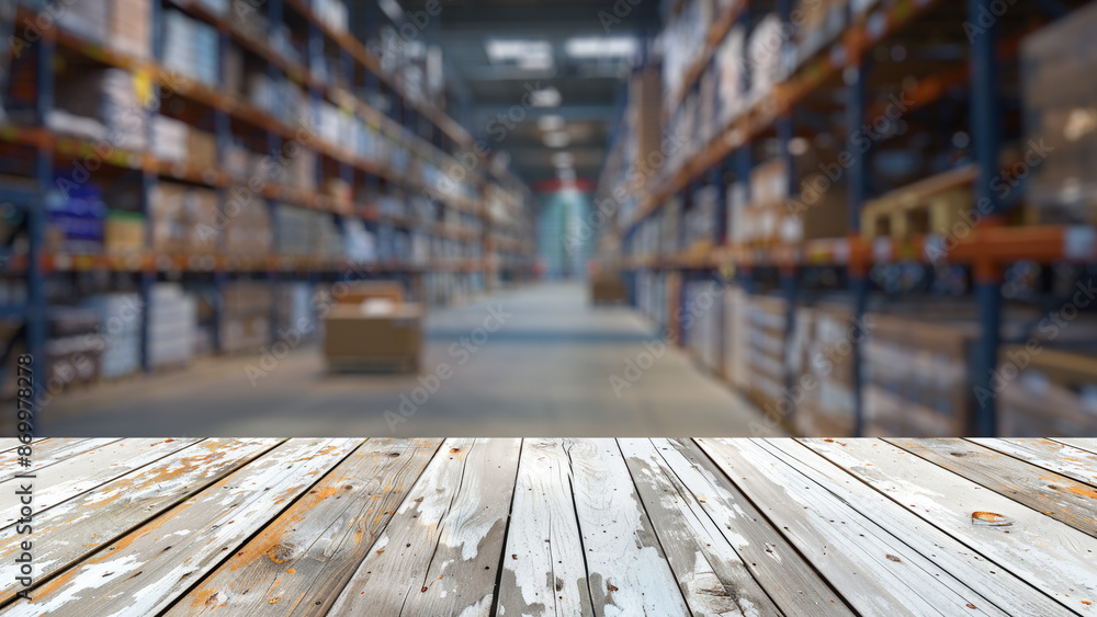 Poster empty wood table top with blur background of warehouse of factory. the table giving copy space for p
